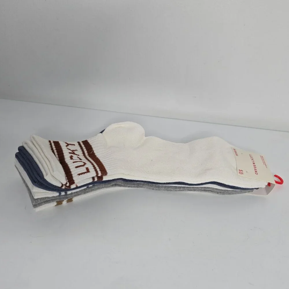 Lucky Brand 5 Pairs Pack Mens Mid Crew Socks NEW White Blue Shoe Size 6-12